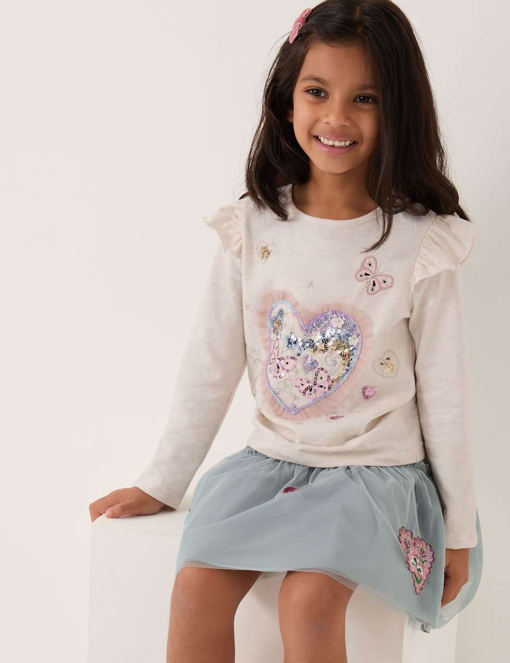Monsoon Cotton Rich Sequin Heart Butterfly Top (3-13 Yrs) Ivory