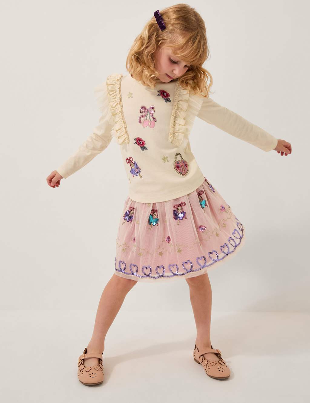 Monsoon 2pc Embellished Ruffle Top & Bottom Outfit (3-13 Yrs) Ivory