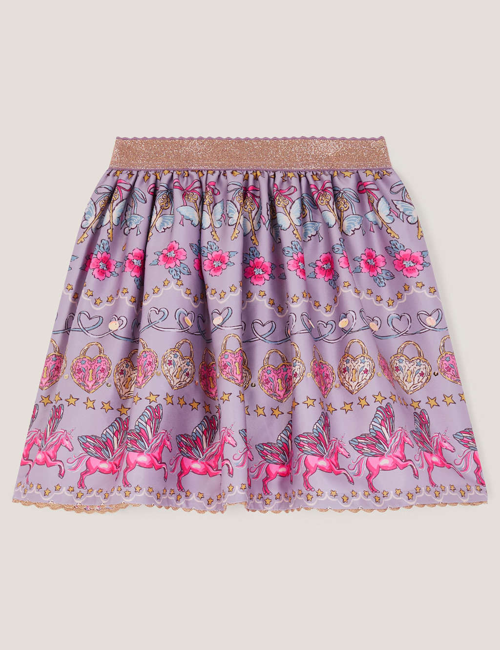 Monsoon Satin Unicorn Print Skirt (3-13 Yrs) Purple Mix