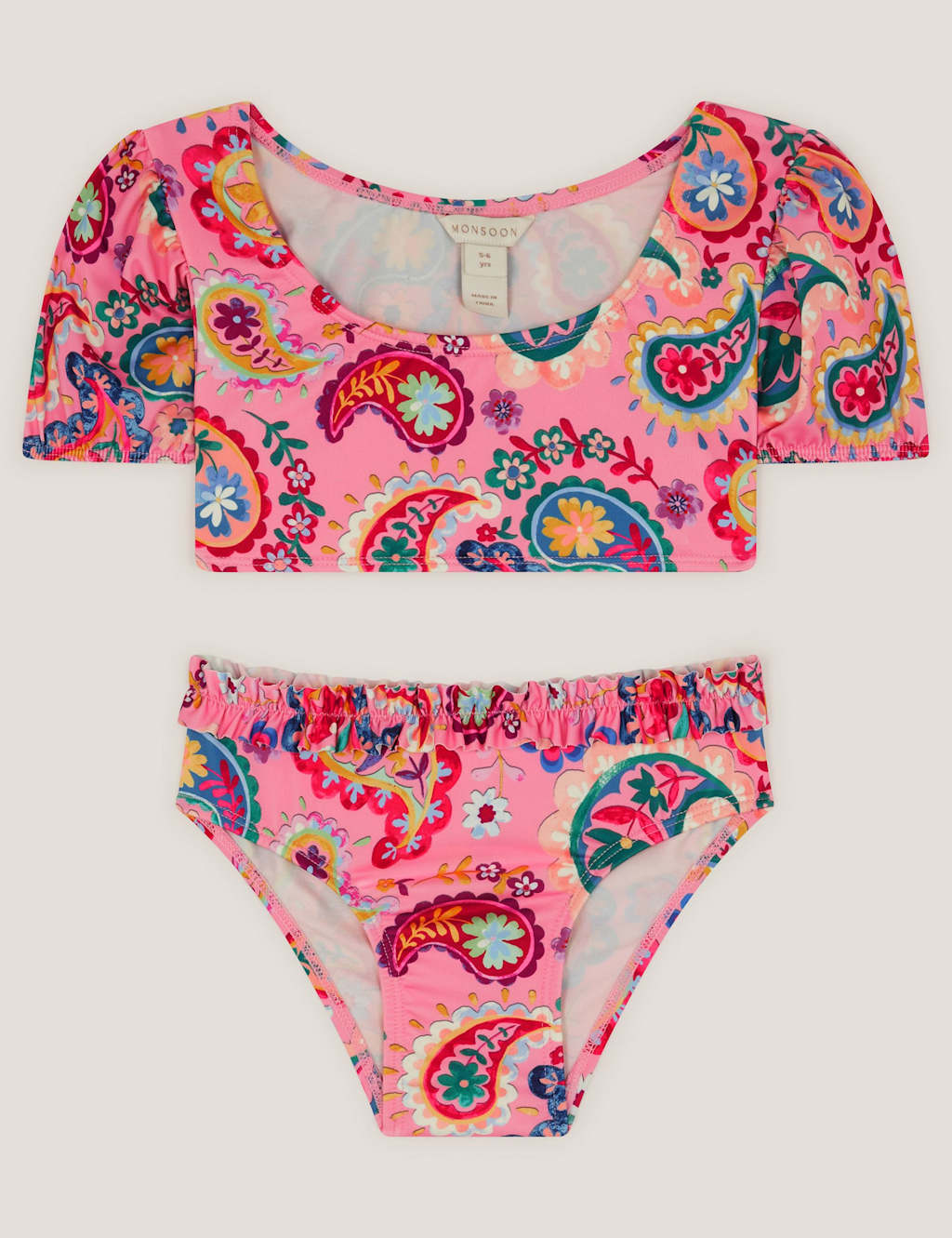 Monsoon Girls Paisley Frill Bikini (3-13 Yrs) - 7-8 Years - Pink Mix - Available at M&S