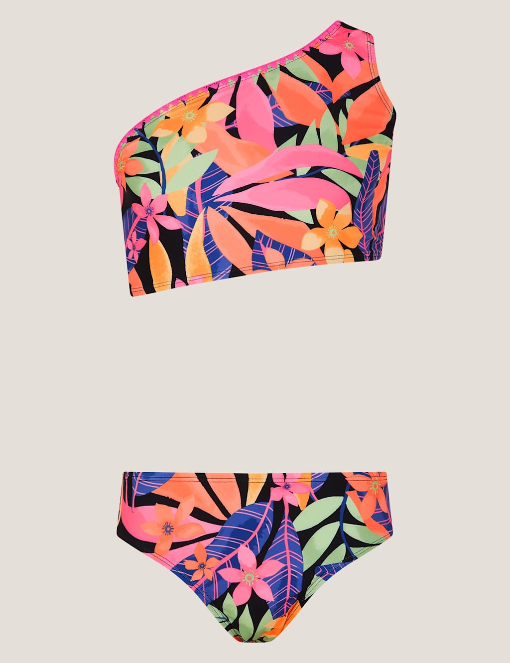 Monsoon Girls Tropical One Shoulder Bikini (7-15 Yrs) - 15 Years - Black Mix - Available at M&S