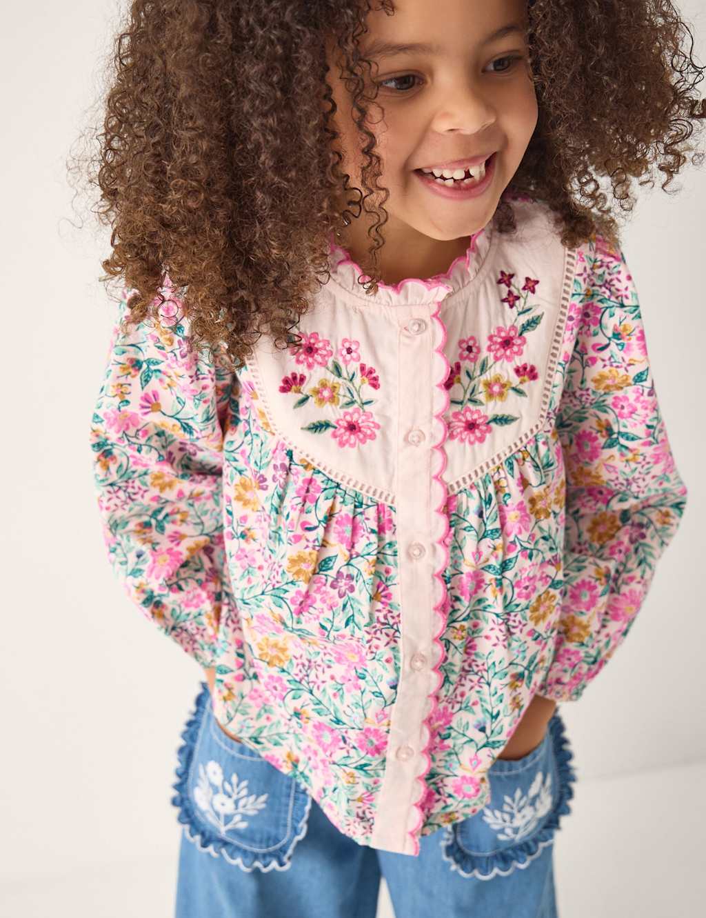 Monsoon Girls Pure Cotton Floral Scallop Collar Blouse (3-13 Yrs) - 3-4 Years - Ivory Mix - Available at M&S