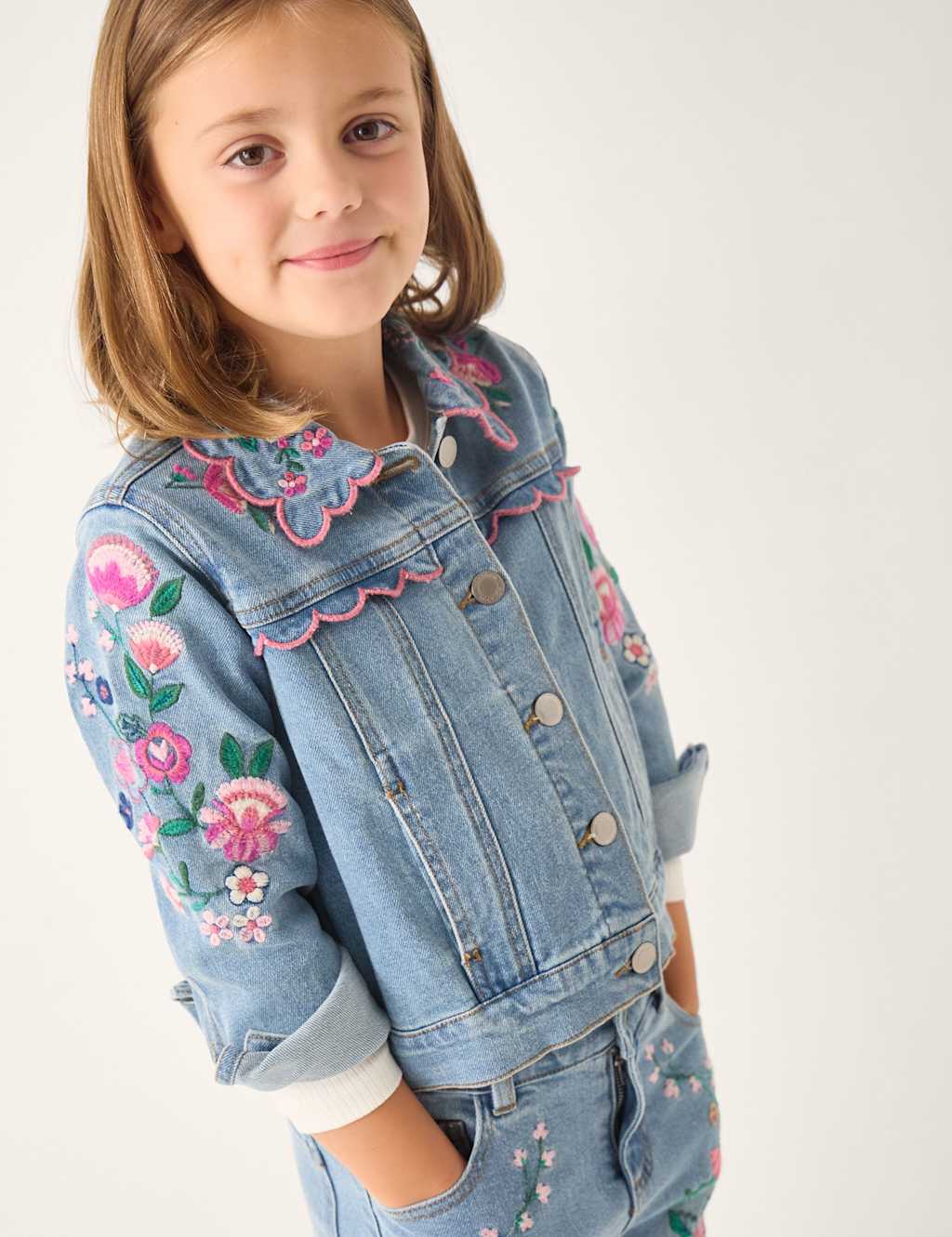 Monsoon Girls Denim Floral Embroidered Frill Jacket (3-15 Yrs) - 9-10 Years - Blue - Available at M&S