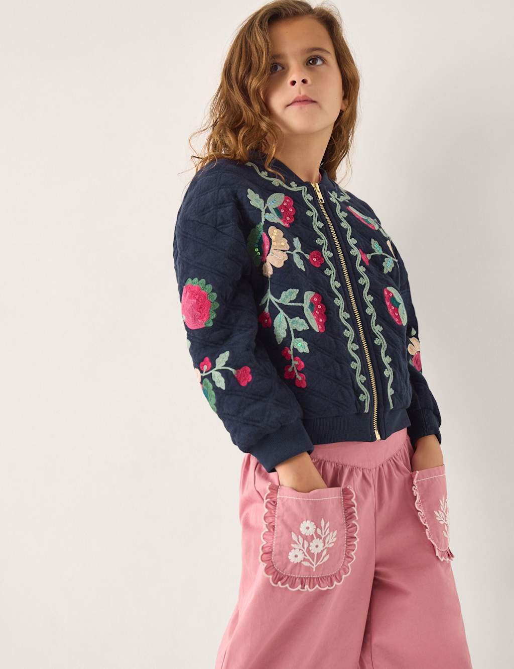 Monsoon Girls Floral Embroidered Quilted Bomber Jacket (3-15 Yrs) - 12-13 Years - Navy - Available at M&S