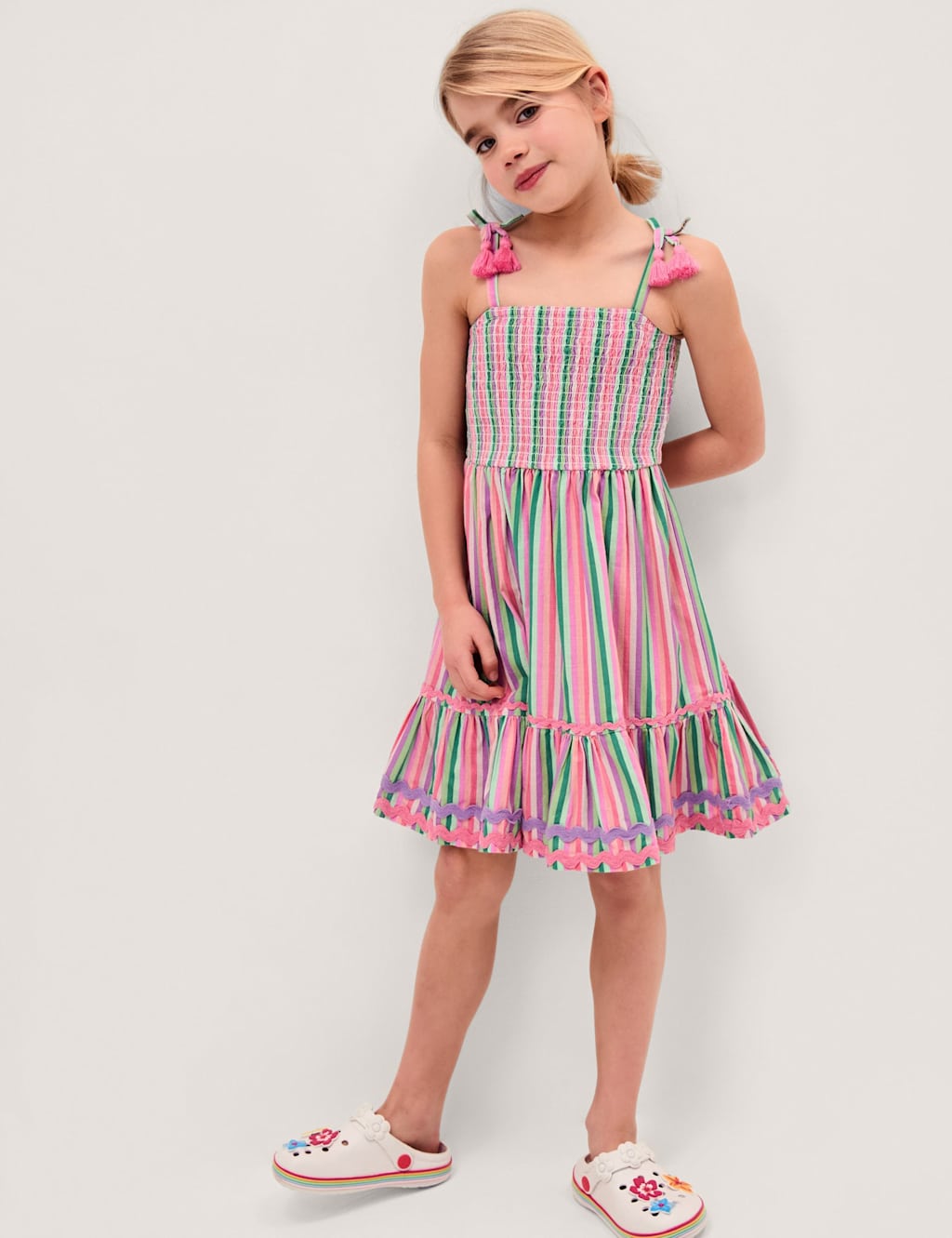 Monsoon Girls Pure Cotton Striped Dress (3-15 Yrs) - 3-4 Years - Green Mix - Available at M&S