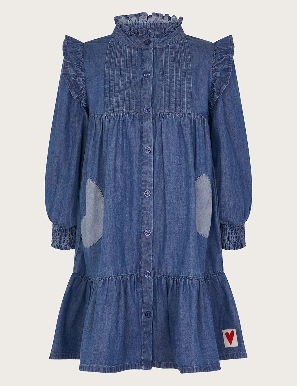 Monsoon Girls Chambray Denim Pintuck Heart Dress (3-13 Yrs) - Blue, Blue