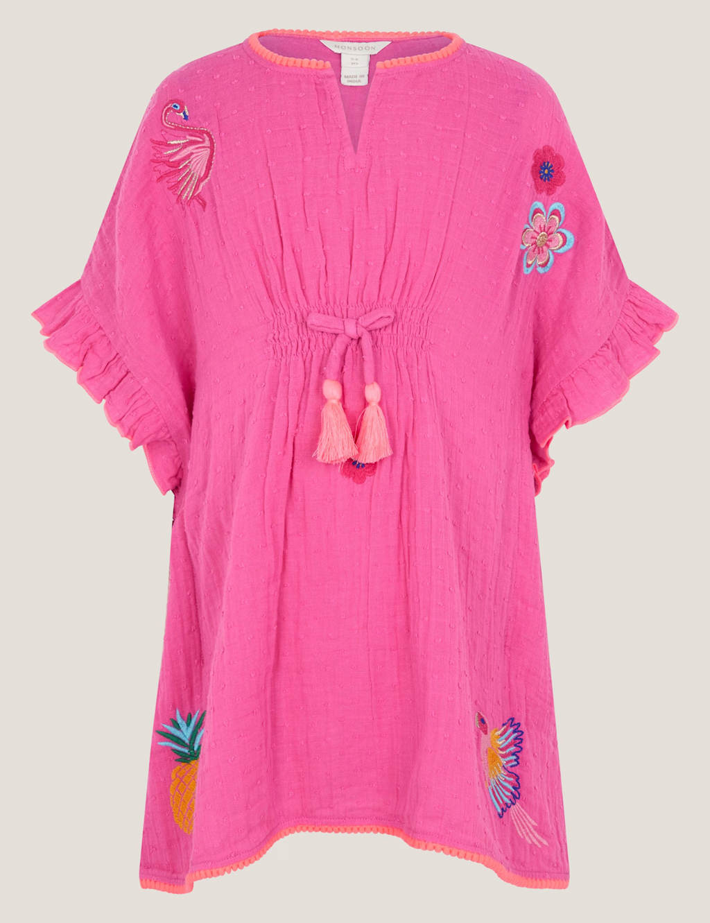 Monsoon Girls Pure Cotton Embroidered Kaftan Dress (3-15 Yrs) - 5-6 Years - Pink - Available at M&S