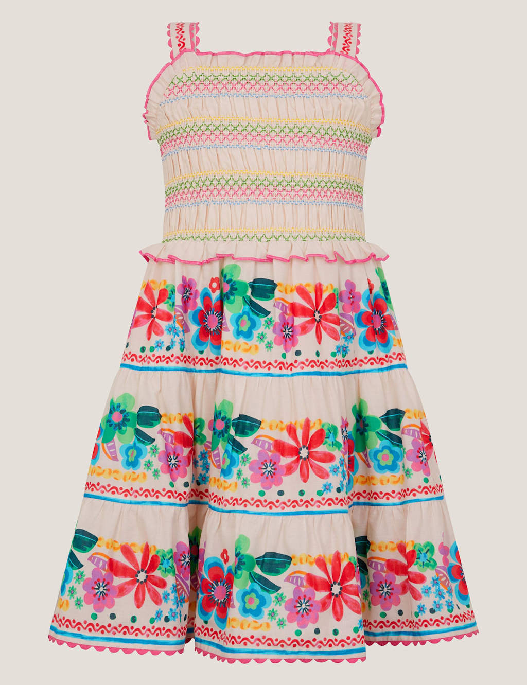 Monsoon Girls Floral Shirred Dress (3-13 Yrs) - 9-10 Years - White Mix - Available at M&S