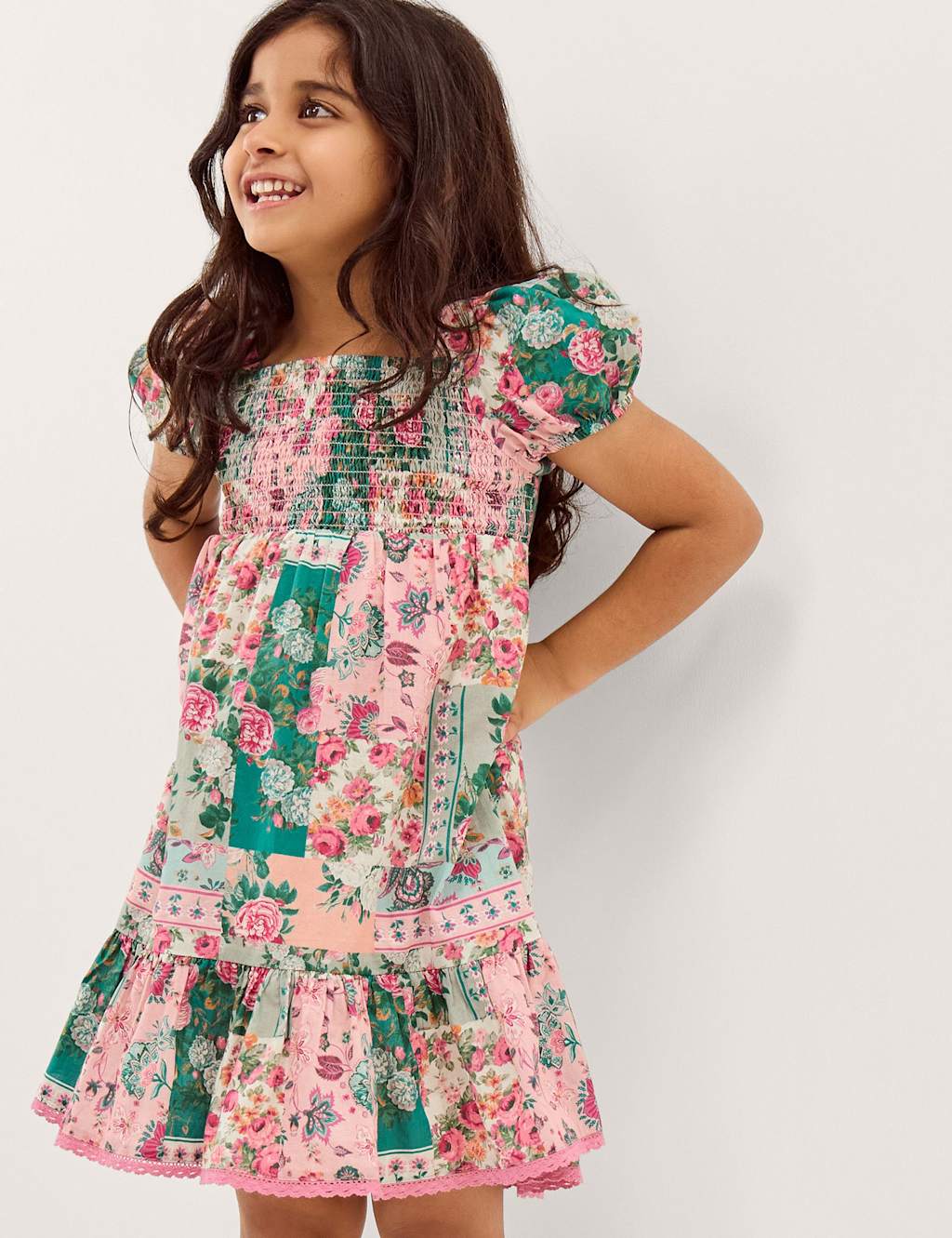Monsoon Girls Pure Cotton Floral Shirred Tiered Dress (3-13 Yrs) - 5-6 Years - Green Mix - Available at M&S