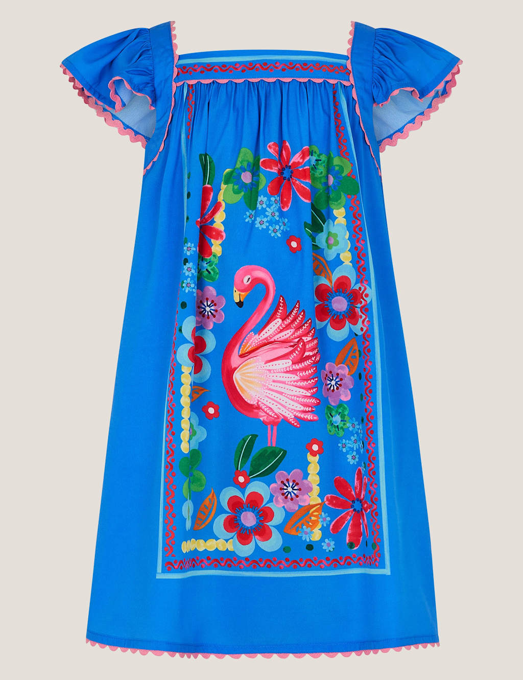 Monsoon Girls Flamingo Floral Print Beach Dress (3-13 Yrs) - 9-10 Years - Blue Mix - Available at M&S
