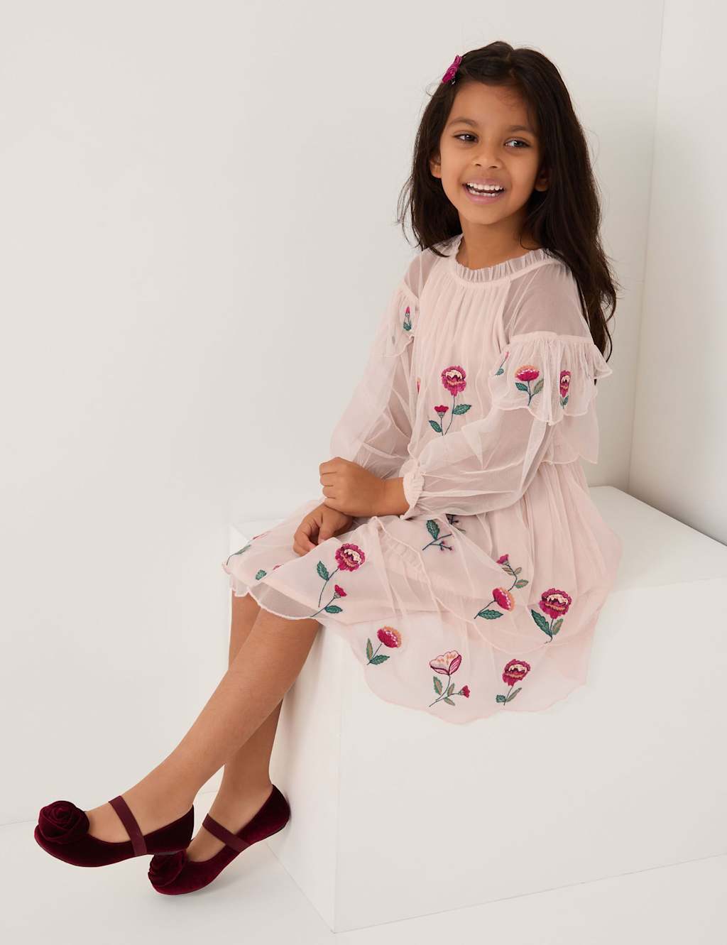 Monsoon Girls Floral Embroidered Tiered Dress (3-15 Yrs) - 9-10 Years - Cream - Available at M&S