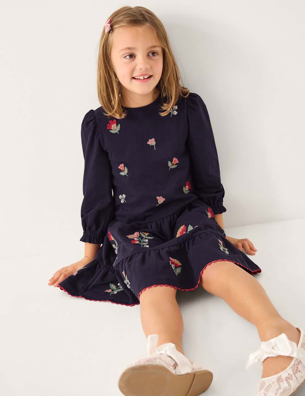 Monsoon Girls Pure Cotton Floral Embroidered Tiered Dress (3-13 Yrs) - 12-13 Years - Navy - Available at M&S