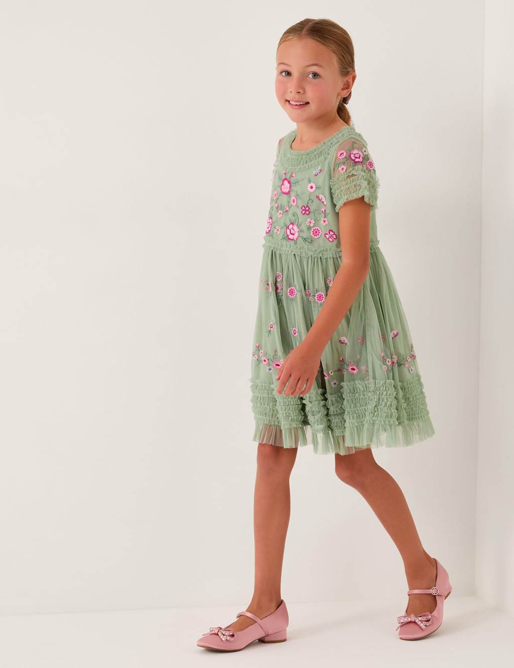 Monsoon Girls Floral Embroidered Ruffle Tulle Dress (3-15 Yrs) - 7-8 Years - Green - Available at M&S
