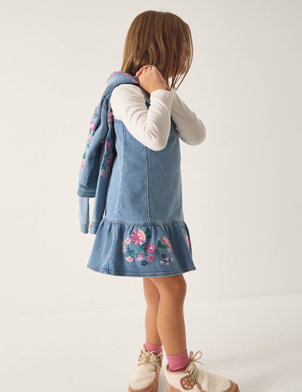 Monsoon Girls Cotton Rich Denim Embroidered Frill Dress (3-13 Yrs) - 3-4 Years - Blue - Available at M&S