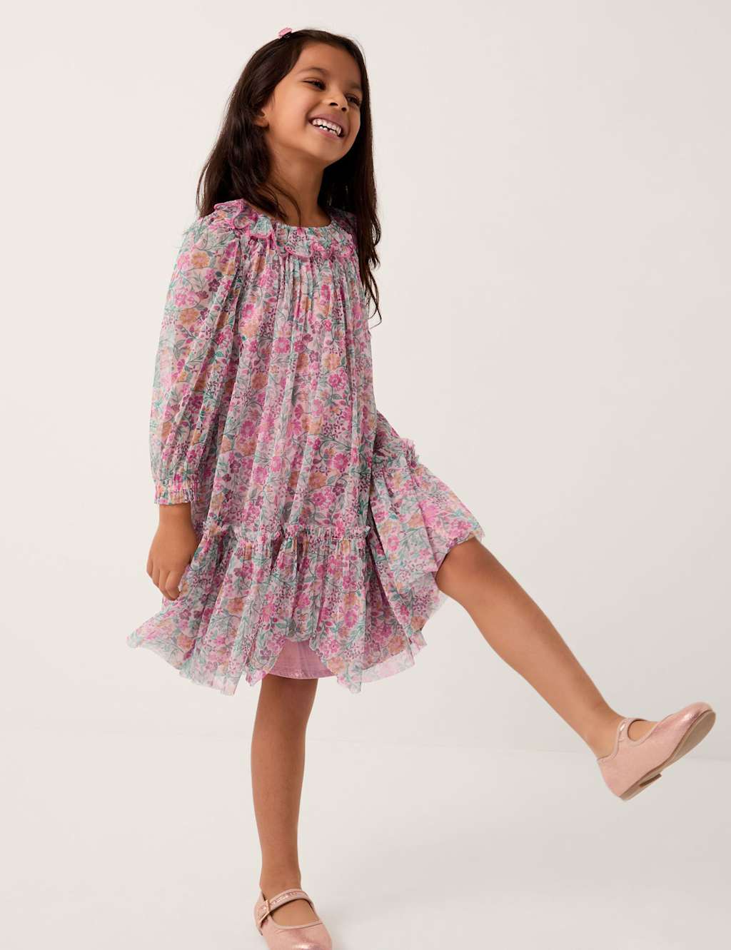 Monsoon Girls Scallop Collar Floral Print Dress - 3-4 Years - Pink Mix - Available at M&S