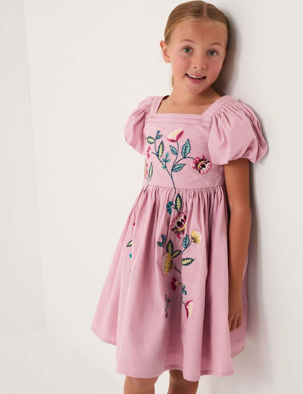 Monsoon Girls Pure Cotton Floral Embroidered Dress (3-14 Yrs) - 3-4 Years - Lilac - Available at M&S