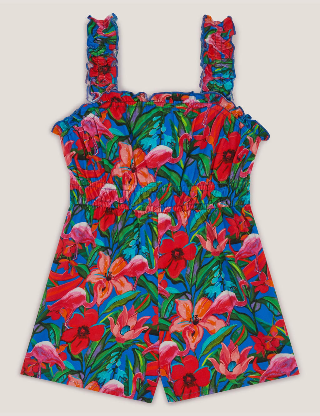 Monsoon Girls Pure Cotton Jersey Tropical Print Playsuit (3-15 Yrs) - 5-6 Years - Blue Mix - Available at M&S