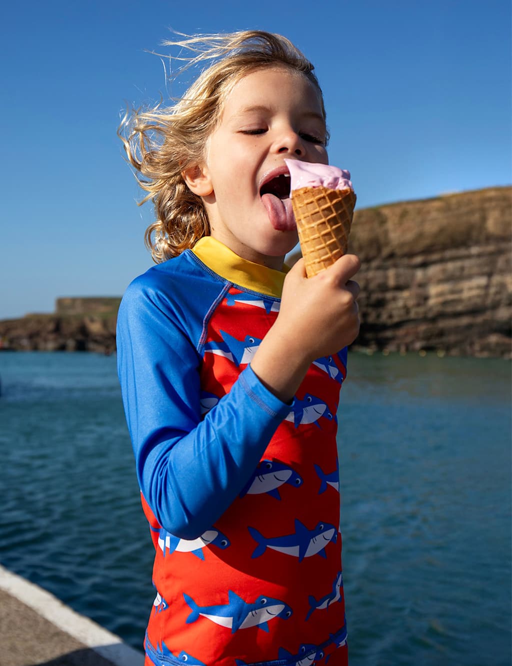 Frugi Girls 2 Piece Shark Print Long Sleeve Swim Set (2-10 Yrs) - 5-6 Years - Red - Available at M&S