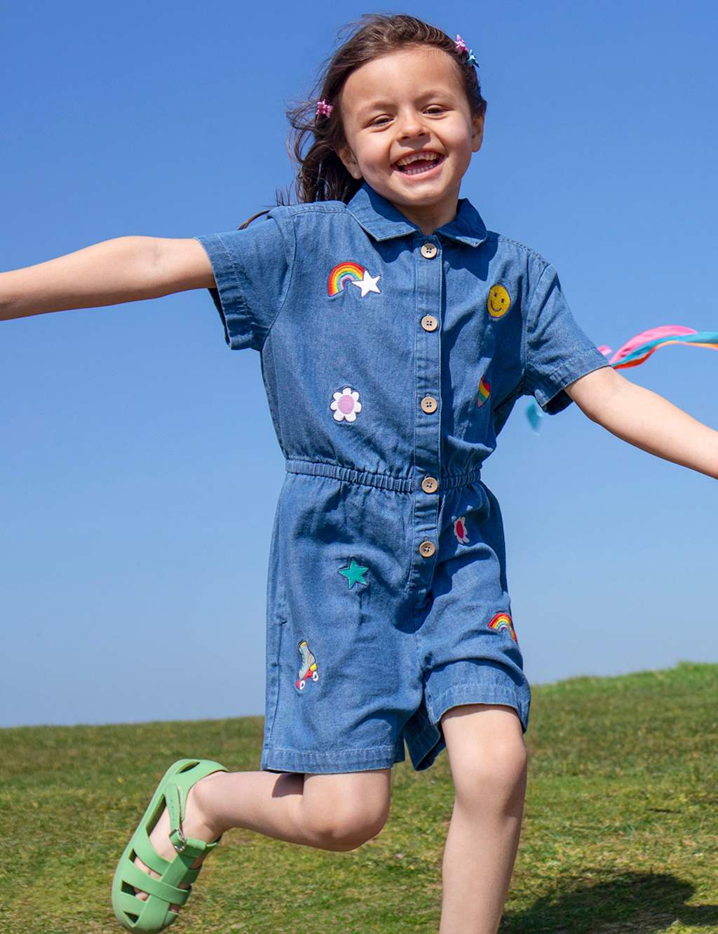 Frugi Girls Denim Embroidered Jumpsuit (2-12 Yrs) - 5-6 Years - Blue - Available at M&S
