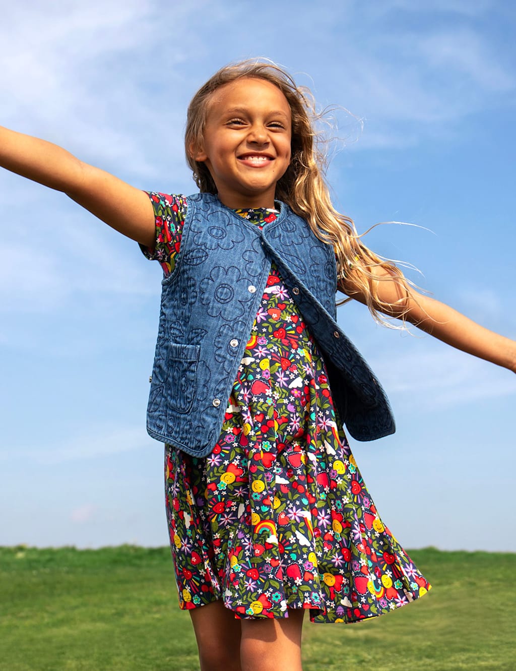 Frugi Girls Denim Floral Embroidered Waistcoat (1-12 Yrs) - 8-9 Years - Blue - Available at M&S