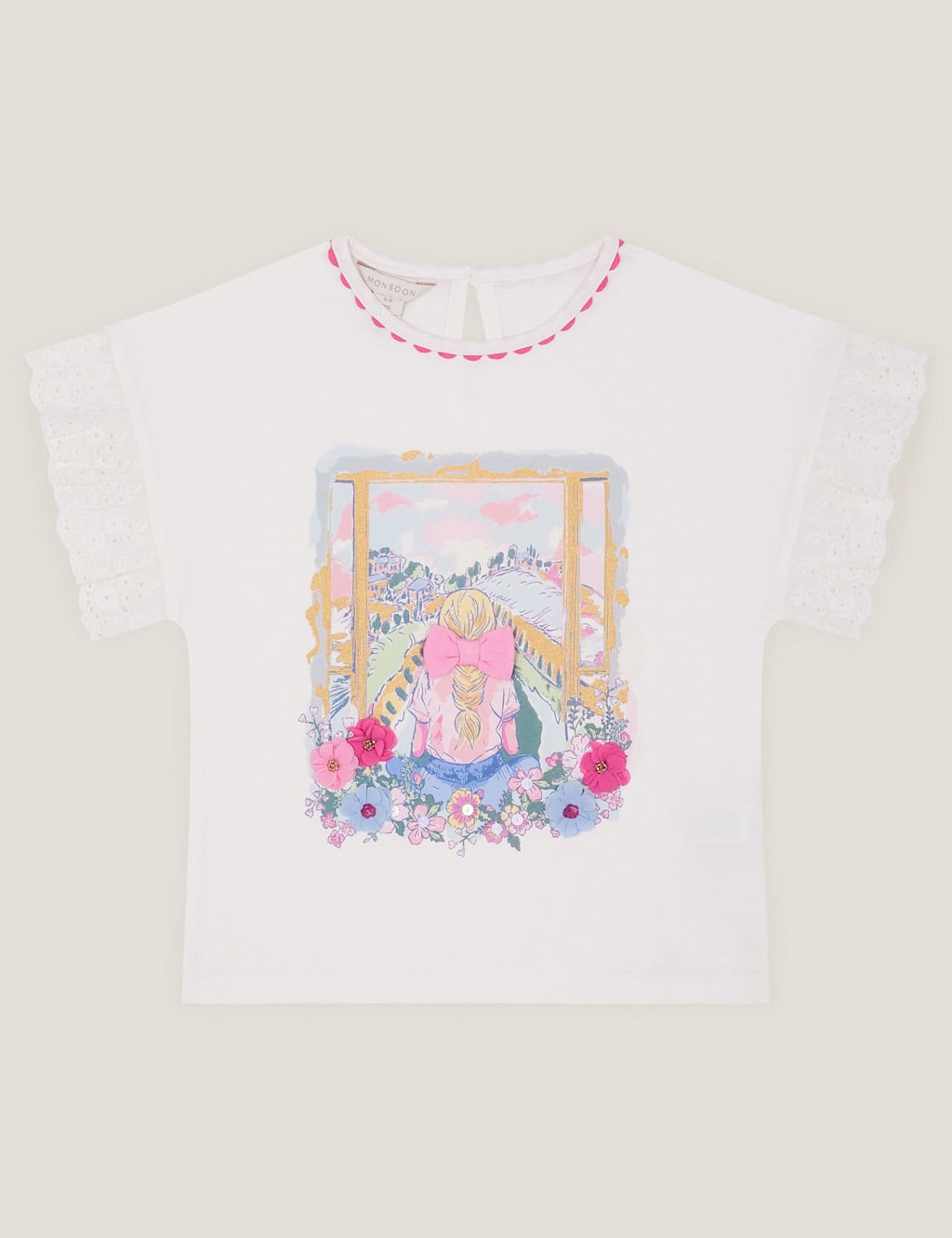 Monsoon Girls Pure Cotton Applique T-Shirt (3-13 Yrs) - 7-8 Y - White, White