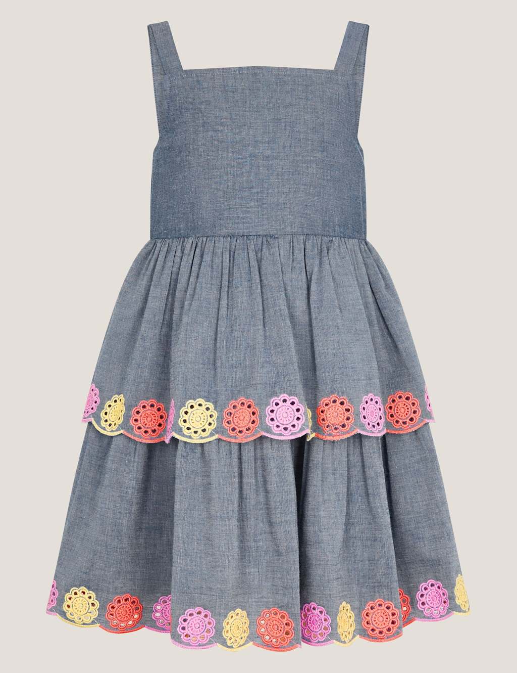 Monsoon Girls Pure Cotton Floral Broderie Tiered Dress (3-13 Yrs) - 12-13 - Blue Mix, Blue Mix