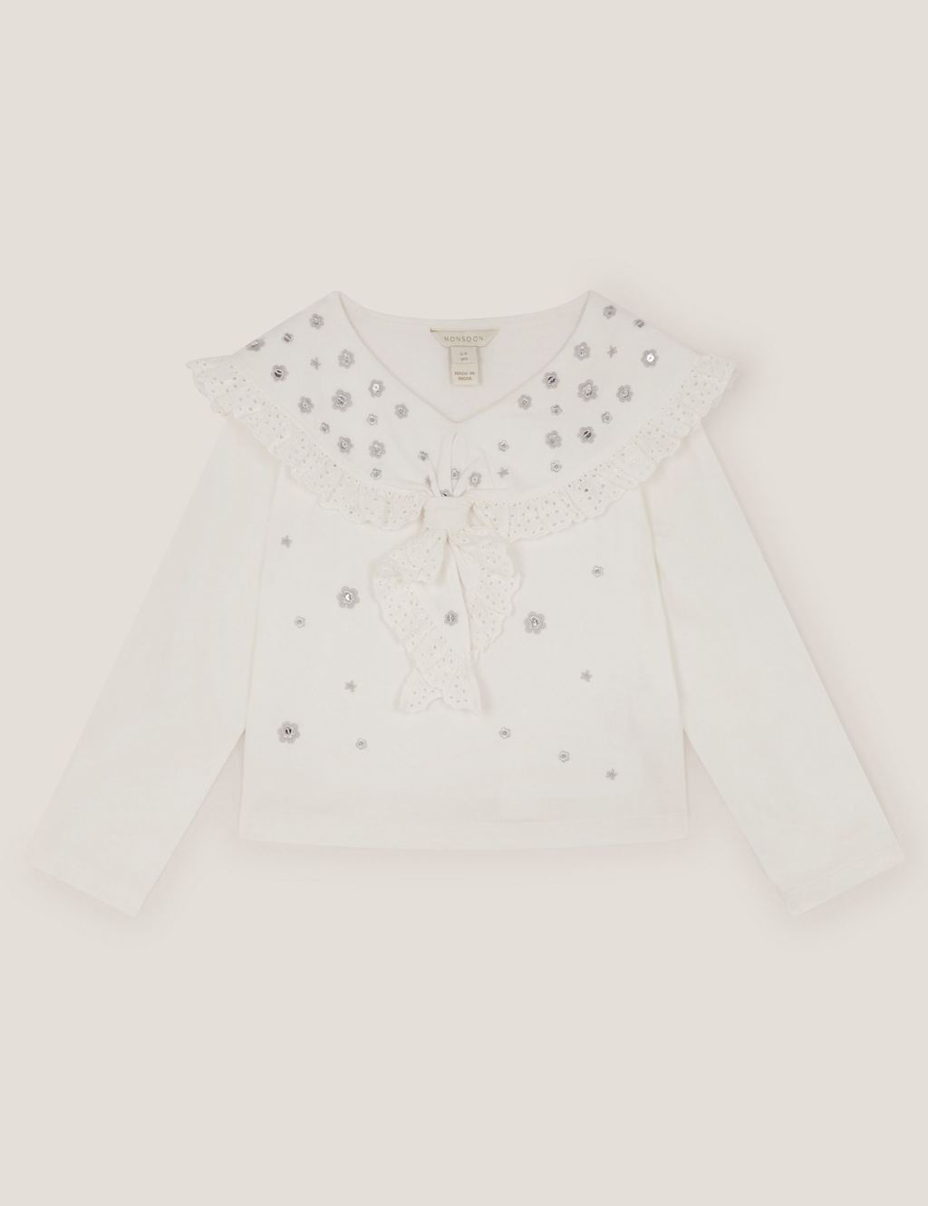 Monsoon Girls Pure Cotton Broderie Sailor Collar Top (3-13 Yrs) - 9-10 Years - Ivory - Available at M&S