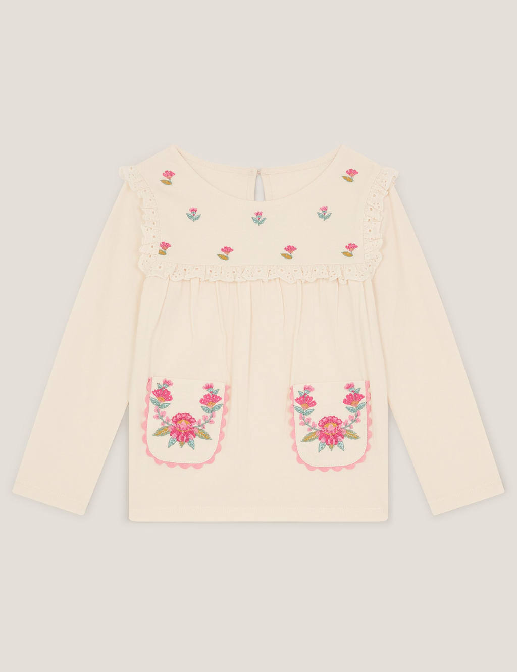 Monsoon Girls Pure Cotton Flower Embroidered Top (3-13 Yrs) - 11-12 Years - Ivory - Available at M&S