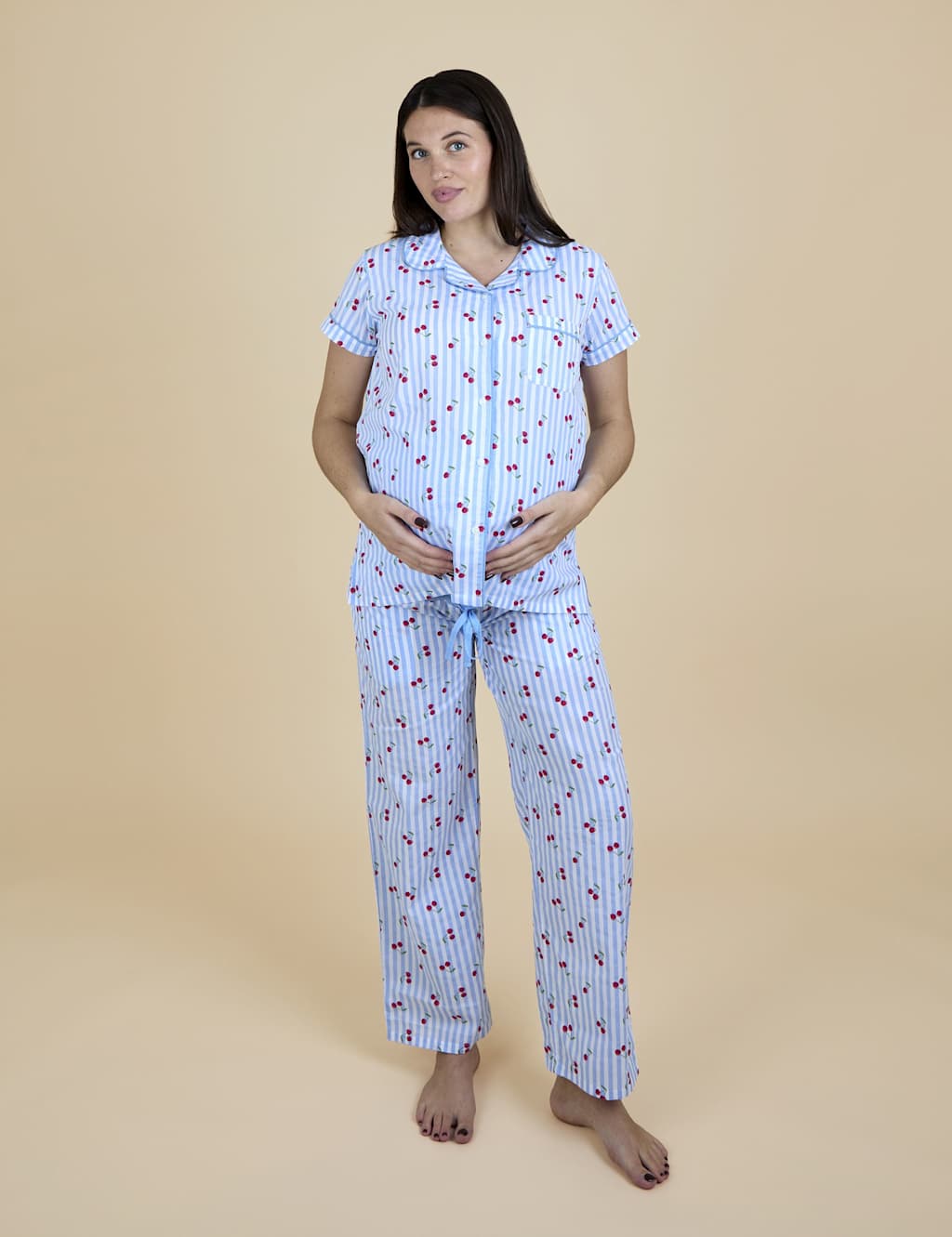 Jojo Maman Bébé Women's Pure Cotton Cherry Maternity Pyjama Set - Large - Light Blue - Available at M&S
