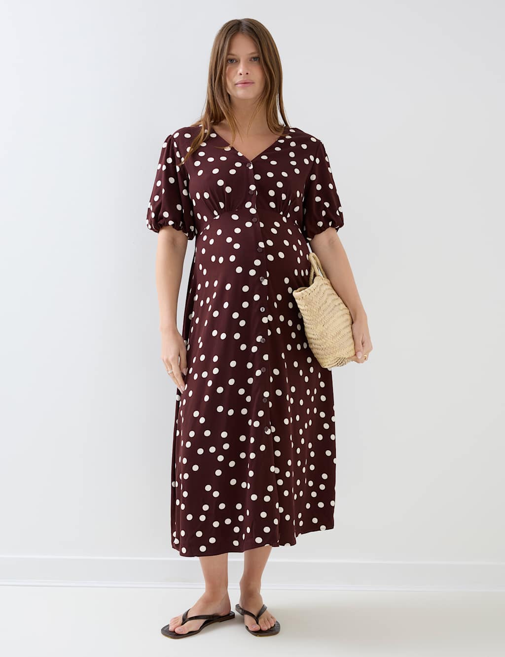 Jojo Maman Bébé Women's Maternity Spot Print Midi Dress - Small - Brown - Available at M&S