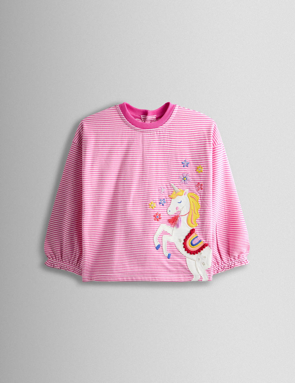 Jojo Maman Bébé Girls Pure Cotton Striped Unicorn Top - 12-18 Months - Pink - Available at M&S