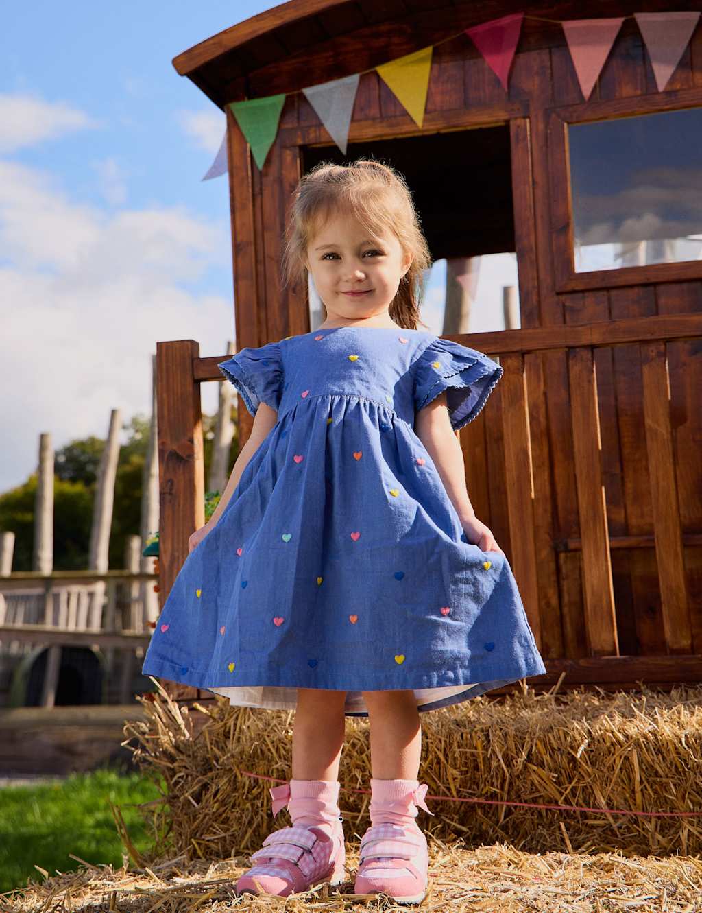 Jojo Maman Bébé Girls Pure Cotton Heart Frill Dress (6 Mths-7 Yrs) - 3-4 Years - Blue - Available at M&S
