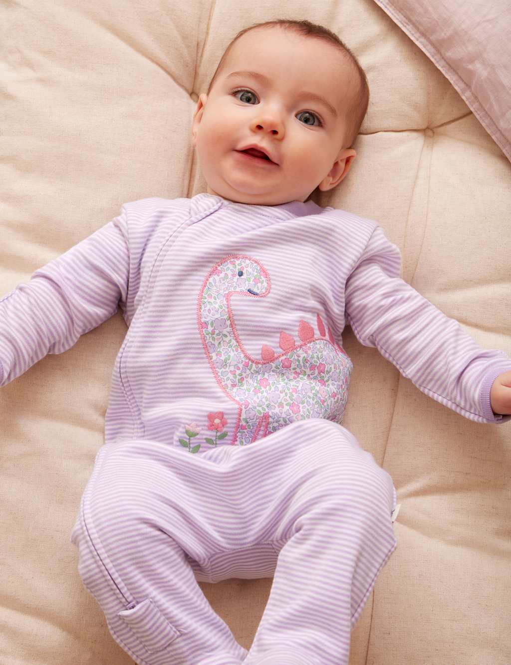 Jojo Maman Bébé Girls Pure Cotton Striped Dinosaur Sleepsuit (7lbs-18 Mths) - 0-3 Months - Purple - Available at M&S