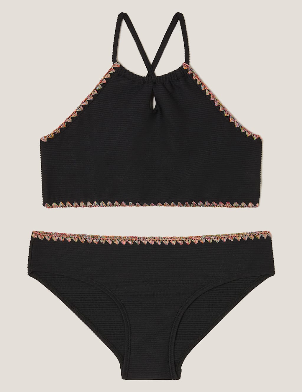 Rainbow Trim Ribbed Halterneck Bikini (7-15 Yrs)
