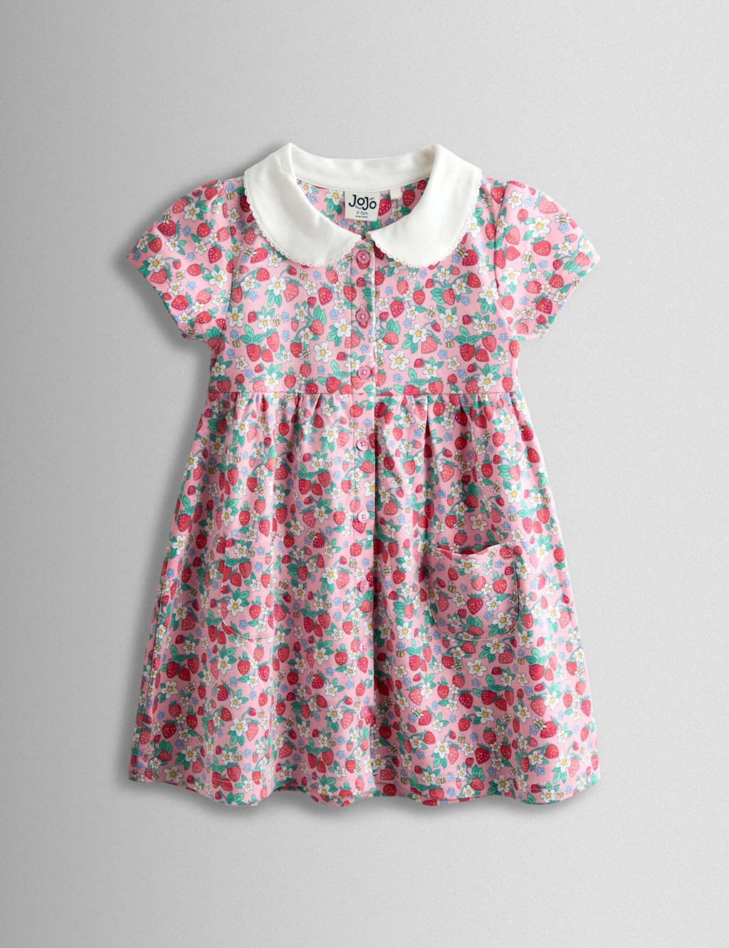 Jojo Maman Bébé Girls Pure Cotton Strawberry Pet In Pocket Dress (6 Mths - 7 Yrs) - 3-4 Years - Light Pink - Available at M&S