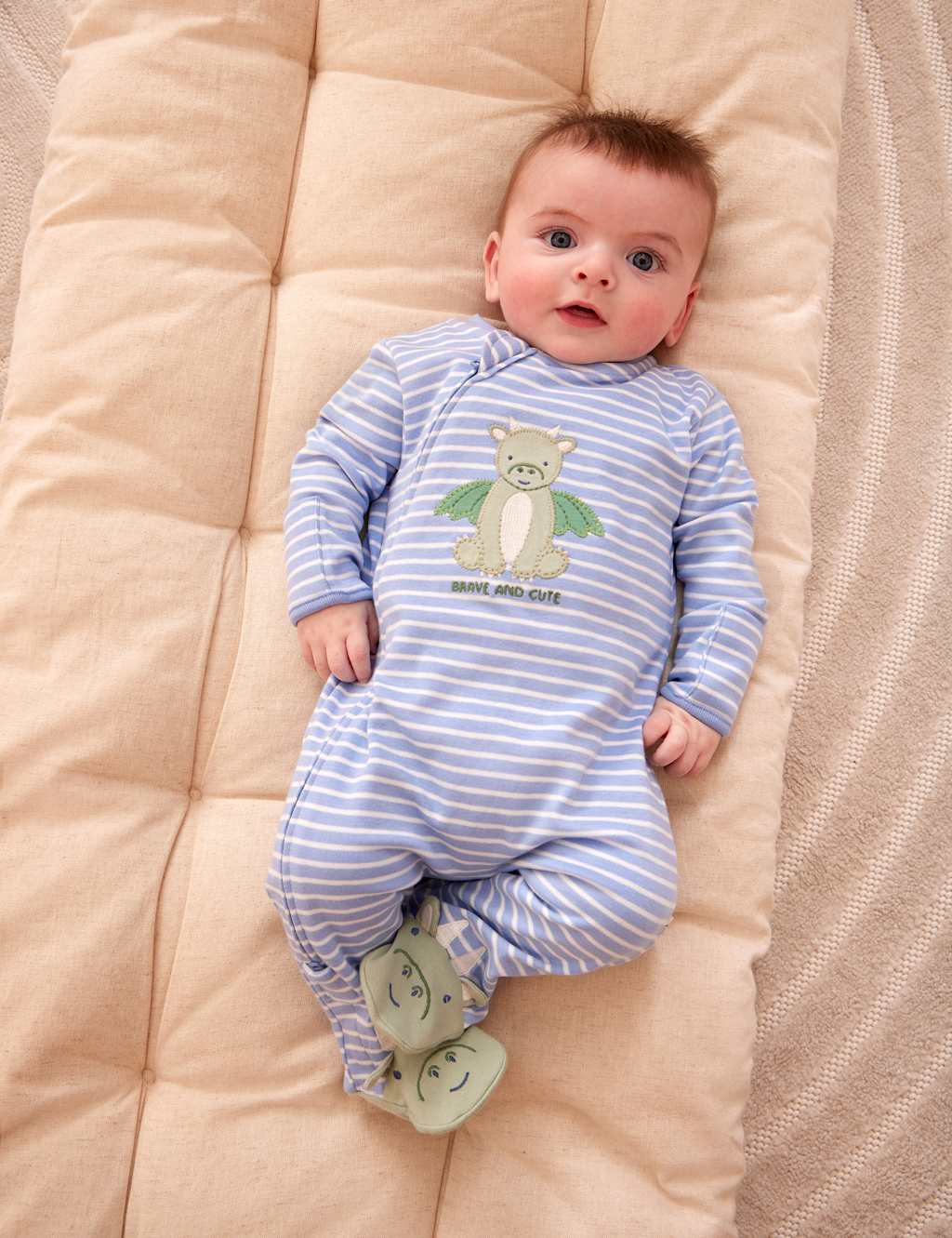 Jojo Maman Bébé Boys Pure Cotton Striped Dragon Sleepsuit (3-18 Mths) - 0-3 Months - Blue - Available at M&S