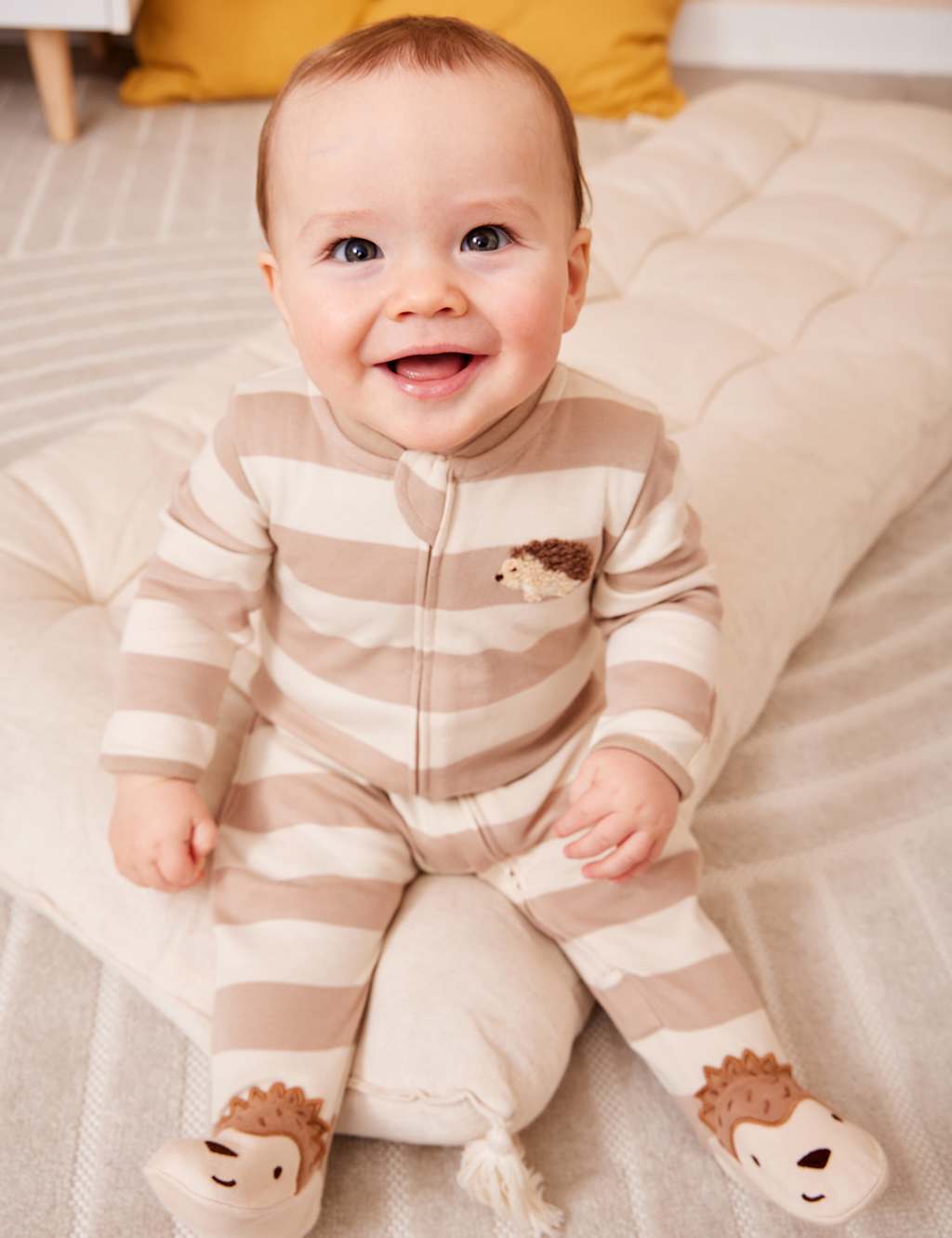 Jojo Maman Bébé Boys Pure Cotton Striped Hedgehog Zip Sleepsuit (7lbs-18 Mths) - Newborn - Brown - Available at M&S