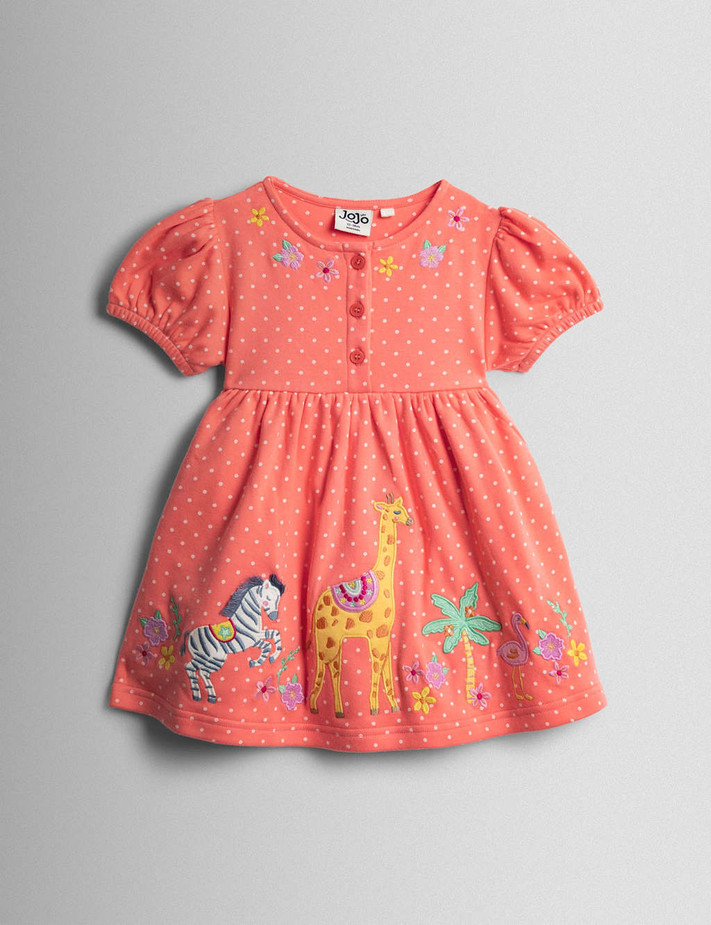 Jojo Maman Bébé Girls Pure Cotton Patterned Round Neck Dress - 12-18 Months - Coral - Available at M&S
