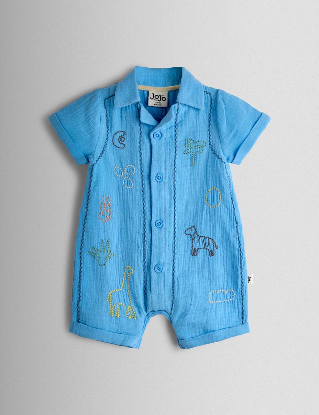 Jojo Maman Bébé Boys Pure Cotton Embroidered Safari Romper (0-24 Mths) - 18-24 Months - Denim - Available at M&S