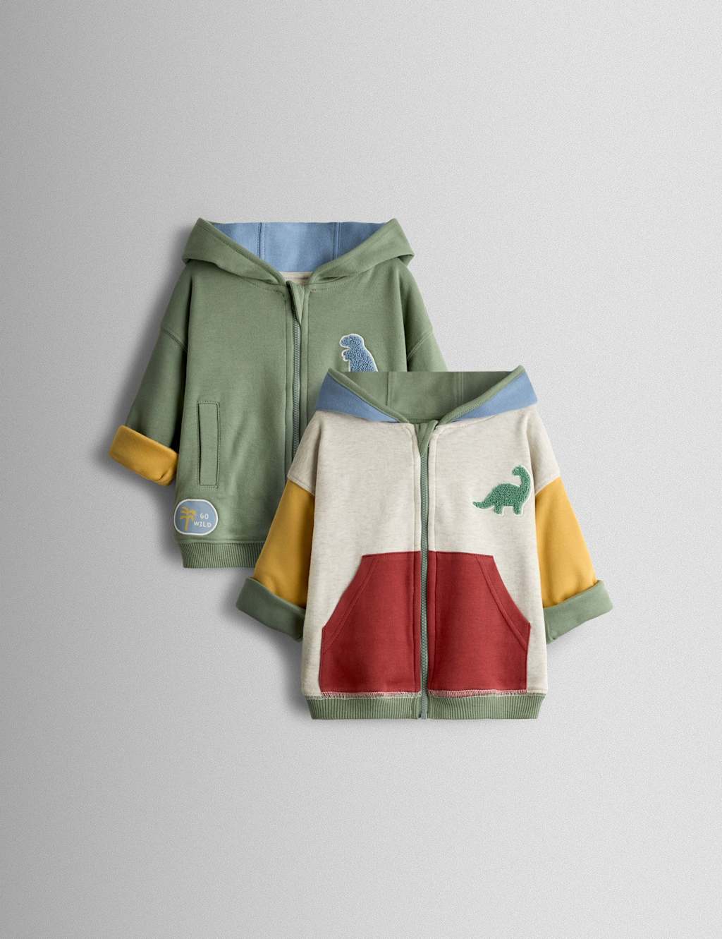 Jojo Maman Bébé Boys Pure Cotton Bouclé Dino Reversible Hoodie (6 Mths - 6 Yrs) - 18-24 Months - Khaki Mix - Available at M&S