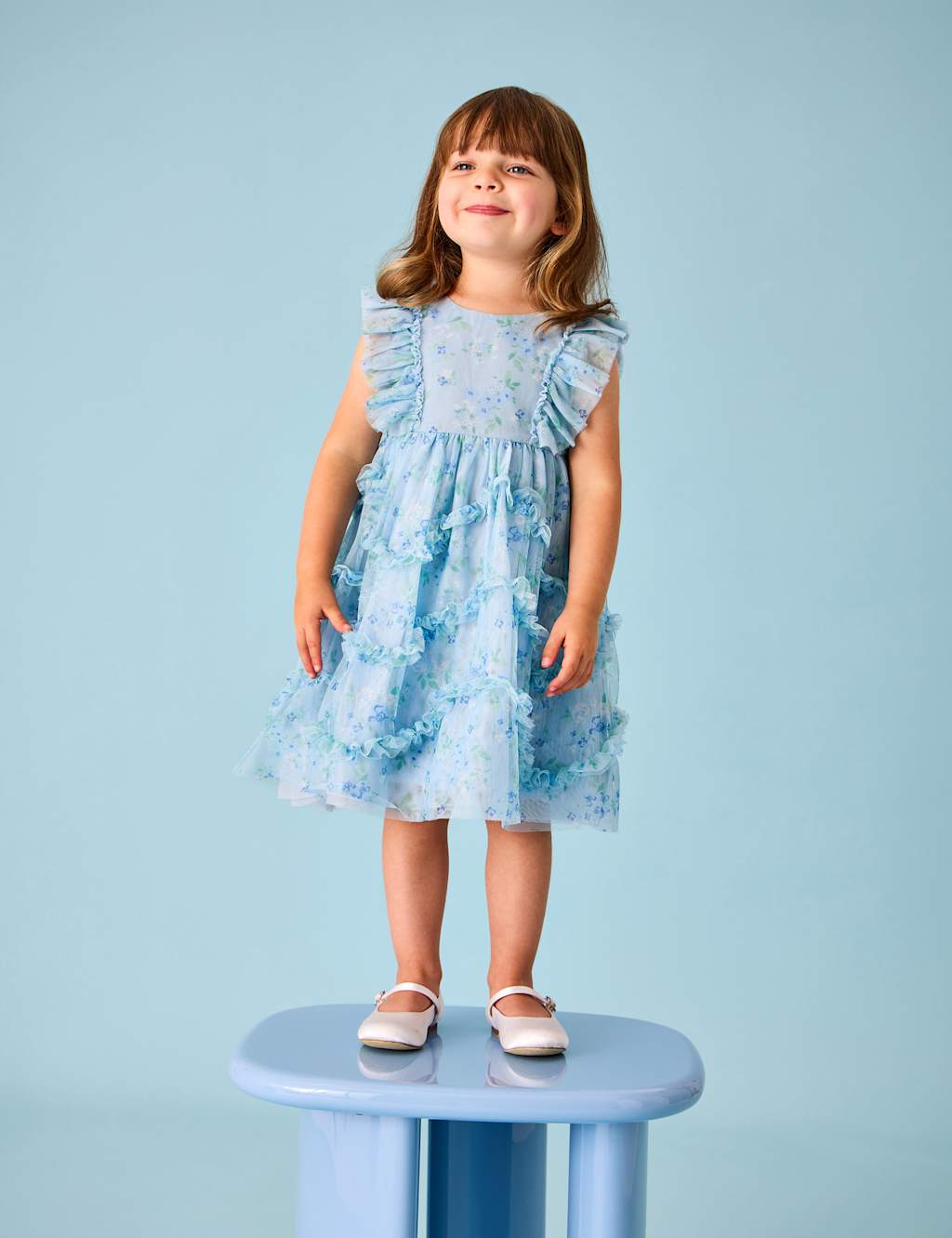 Jojo Maman Bébé Girls Floral Tulle Dress (6 Mths-9 Yrs) - 4-5 Years - Bright Blue - Available at M&S