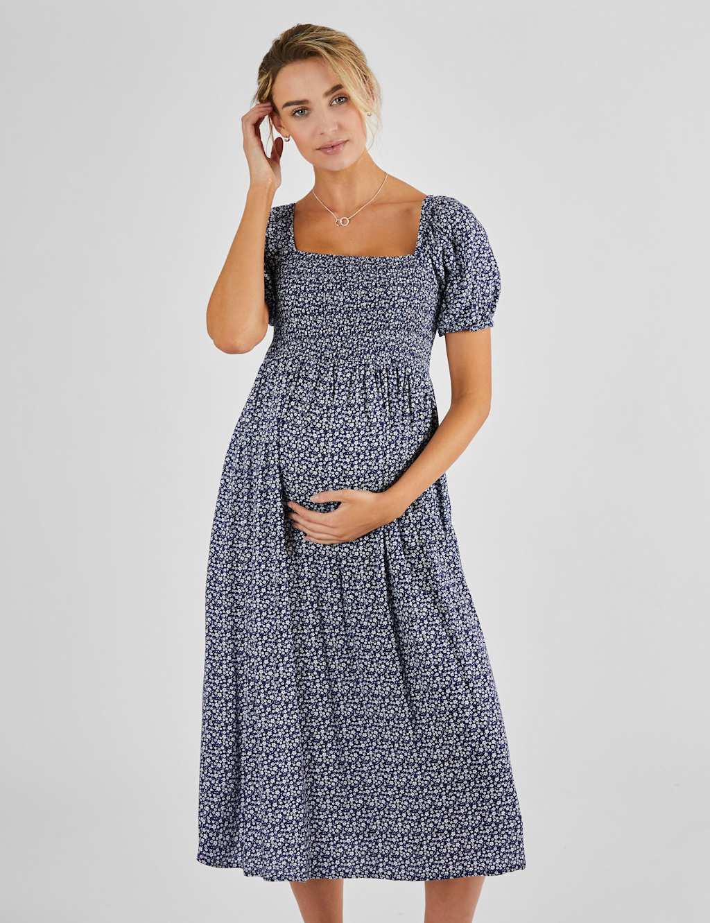 Maternity Ditsy Floral Midi Shirred Dress