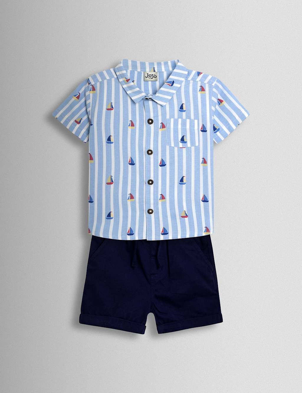 Jojo Maman Bébé Boys 2 Piece Pure Cotton Sailboat Shirt & Shorts Set (1-7 Yrs) - 6-7 Years - Light Blue - Available at M&S