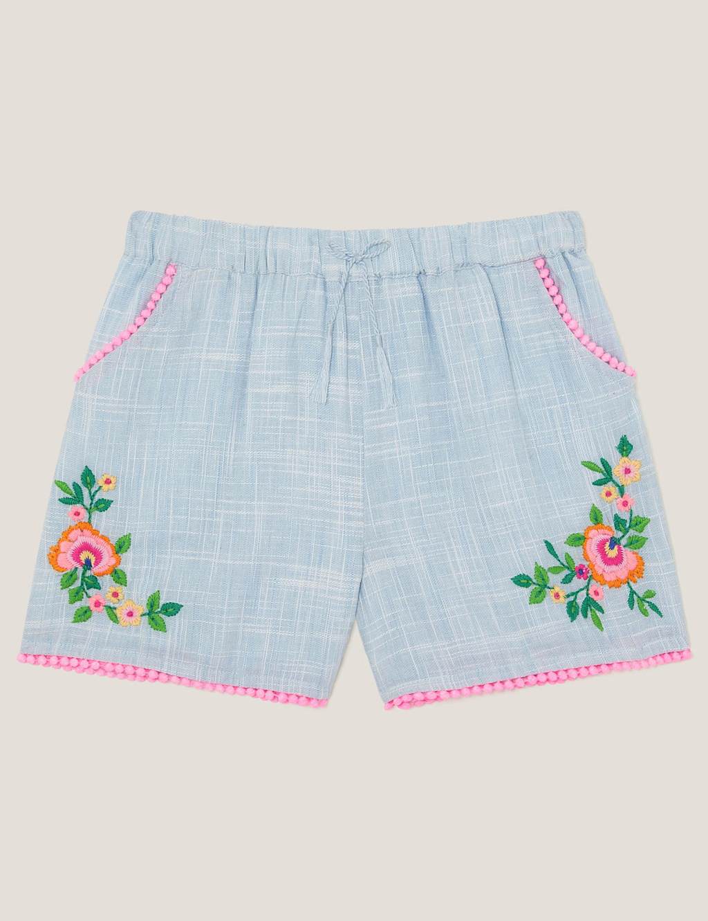 Monsoon Pure Cotton Floral Embroidered Shorts (3-15 Yrs) Blue