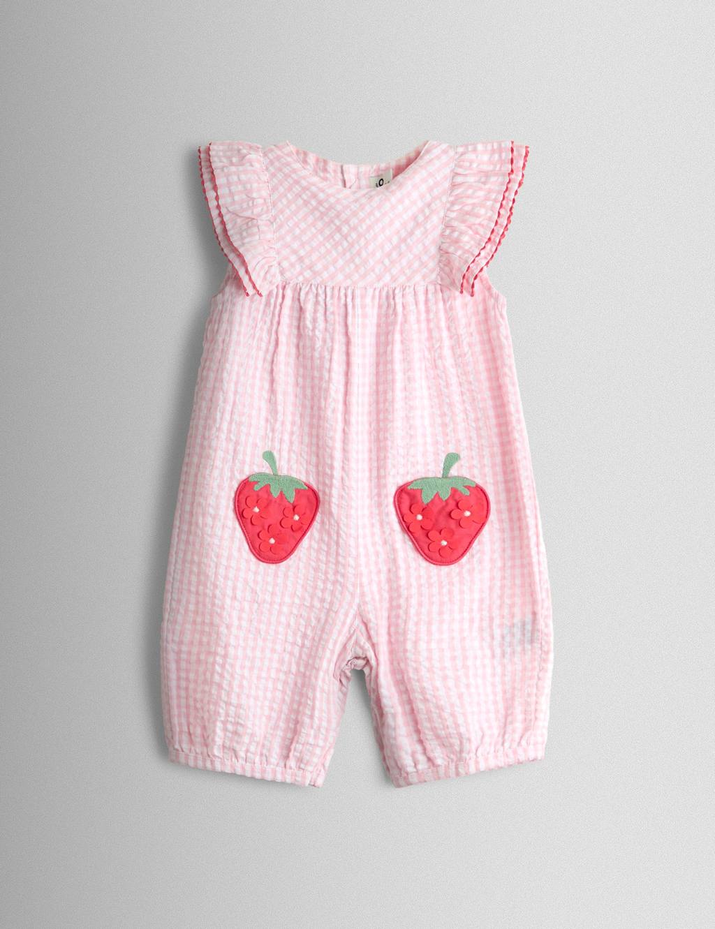 Jojo Maman Bébé Girls Pure Cotton Gingham Strawberry All in One (0 Mths-3 Yrs) - 12-18 Months - Light Pink - Available at M&S