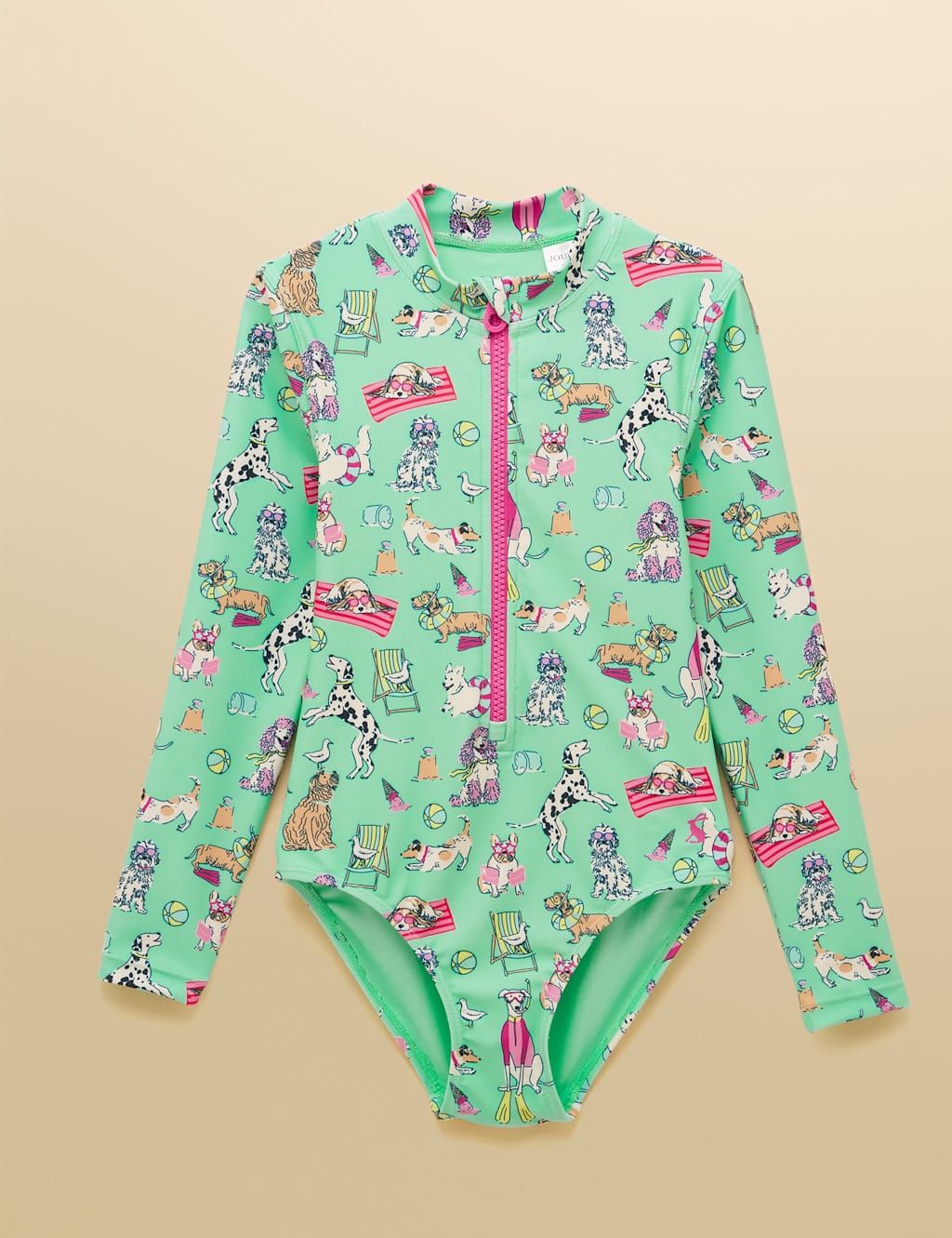 Joules Girls Dog Print Long Sleeve Swimsuit (1-10 Yrs) - 6 Years - Green Mix - Available at M&S