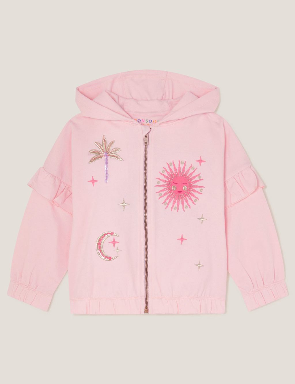 Monsoon Pure Cotton Embroidered Zip Hoodie (3-13 Yrs) Pink