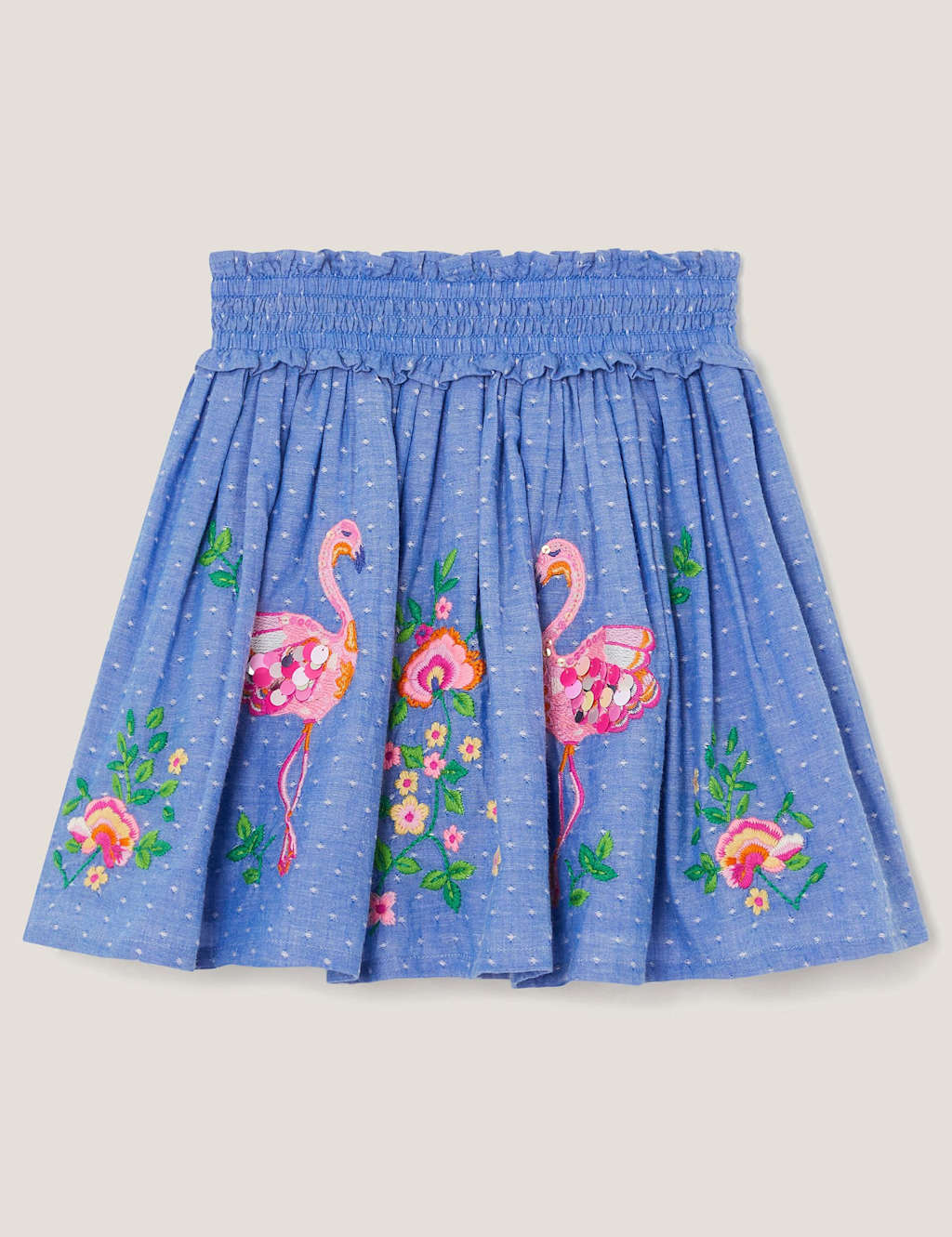 Chambray Flamingo Embroidered Skirt (3-13 Yrs)