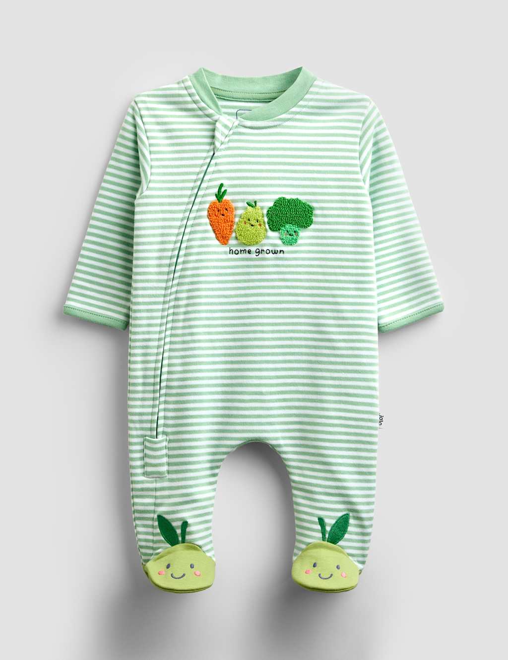 Jojo Maman Bébé Kids Pure Cotton Striped Appliiqué Sleepsuit (0-12 Mths) - Newborn - Green - Available at M&S