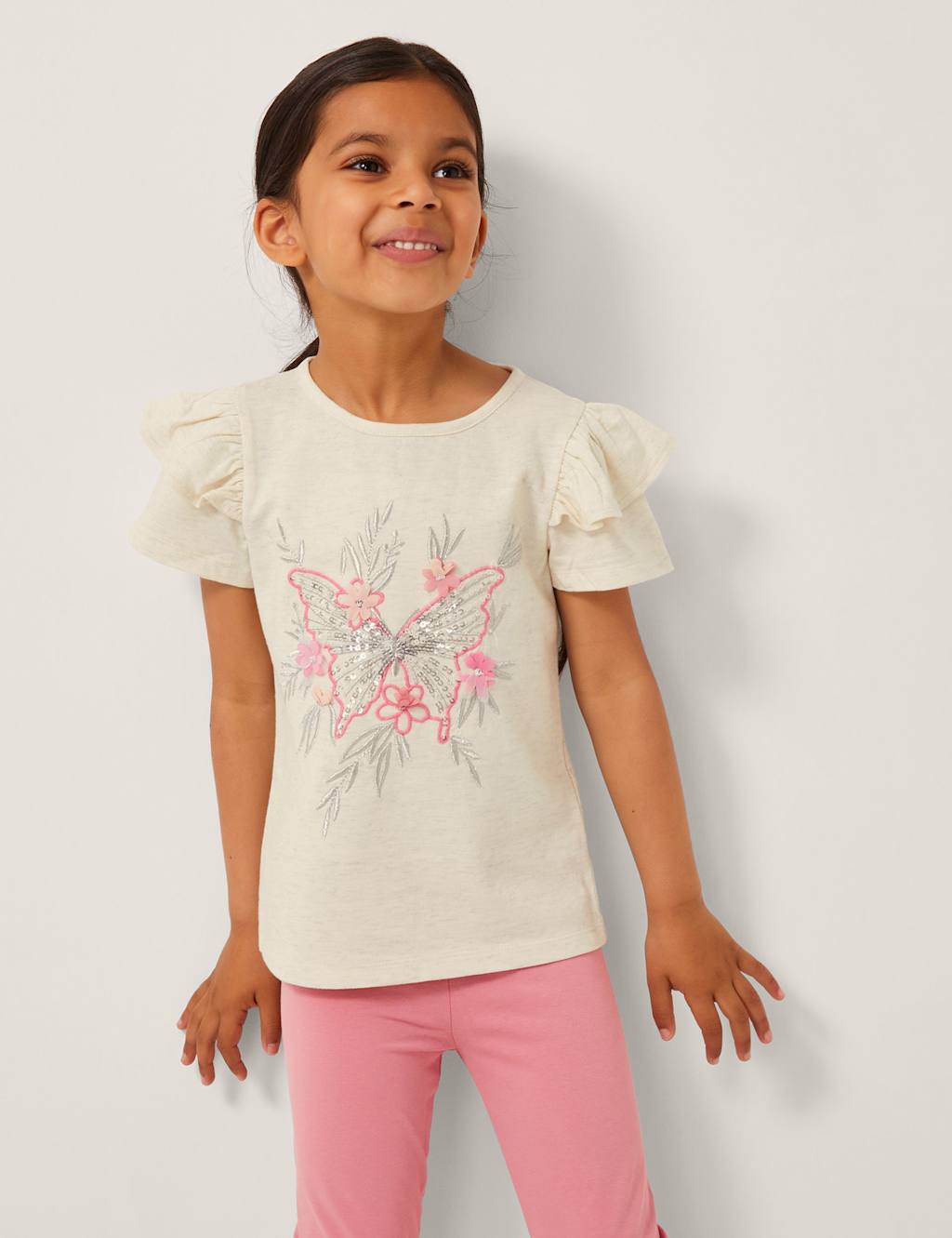Monsoon Girls Floral Embellished Frill Sleeve T-Shirt (3-13 Yrs) - 7-8 Y - Ivory, Ivory